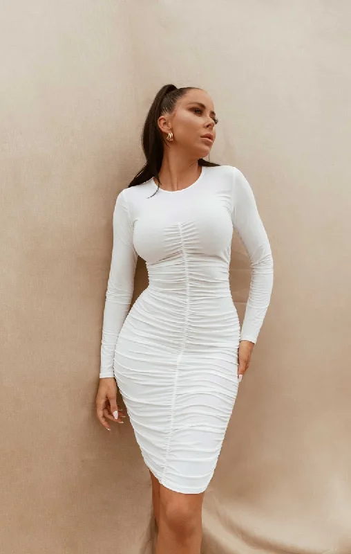 Mini dresses with bow accents for a sweet look Cream Slinky Ruched Long Sleeve Round Neck Bodycon Mini Dress - Dana Mini dresses with bow accents for a sweet look Cream Slinky Ruched Long Sleeve Round Neck Bodycon Mini Dress - Dana