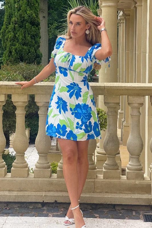 Linen mini dresses for a breathable summer option Karina Square Neck Mini Dress Blue Floral Linen mini dresses for a breathable summer option Karina Square Neck Mini Dress Blue Floral