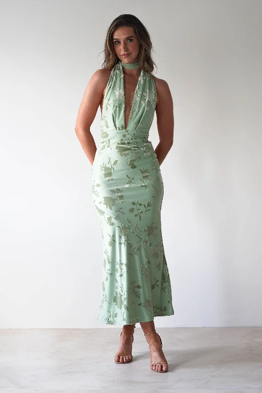 Midi dresses with puff sleeves for a vintage - inspired look Tara Floral Jacquard Maxi Dress | Light Green Midi dresses with puff sleeves for a vintage - inspired look Tara Floral Jacquard Maxi Dress | Light Green