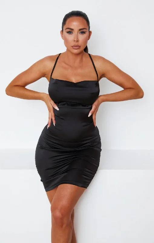 Mini dresses with asymmetric hems for a fashion - forward look Black Satin Lace Up Back Strappy Bodycon Mini Dress - Clary Mini dresses with asymmetric hems for a fashion - forward look Black Satin Lace Up Back Strappy Bodycon Mini Dress - Clary