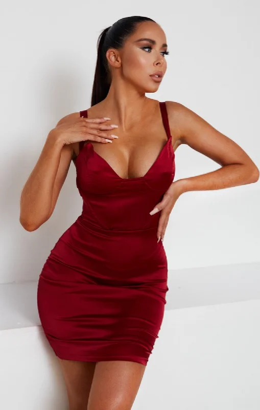 Strapless mini dresses for a beach vacation Wine Satin Shaped Cup Mini Dress - Amalia Strapless mini dresses for a beach vacation Wine Satin Shaped Cup Mini Dress - Amalia