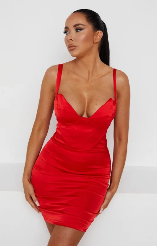 Sequined mini dresses for New Year's Eve Red Satin Shaped Cup Mini Dress - Amalia