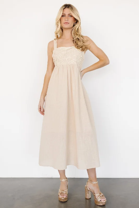 Midi dresses with V - necklines for a flattering and elongating effect Mia Tie Back Dress | Natural Midi dresses with V - necklines for a flattering and elongating effect Mia Tie Back Dress | Natural