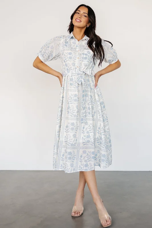 Midi dresses with ruffled bodices for a more pronounced feminine look Jamila Midi Dress | Light Blue Floral Midi dresses with ruffled bodices for a more pronounced feminine look Jamila Midi Dress | Light Blue Floral