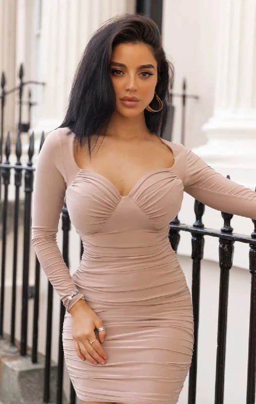 Mini dresses with ruched bodices for a feminine touch Mocha Slinky Ruched Long Sleeve Sweetheart Bodycon Mini Dress - Enid Mini dresses with ruched bodices for a feminine touch Mocha Slinky Ruched Long Sleeve Sweetheart Bodycon Mini Dress - Enid