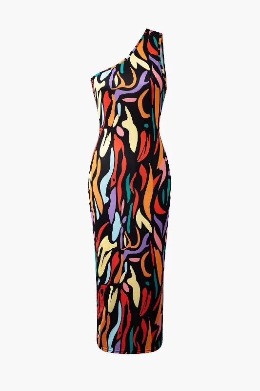 Midi dresses with asymmetric hems for a fashion - forward and dynamic appearance Abstract Print One Shoulder Cut Out Midi Dress Midi dresses with asymmetric hems for a fashion - forward and dynamic appearance Abstract Print One Shoulder Cut Out Midi Dress