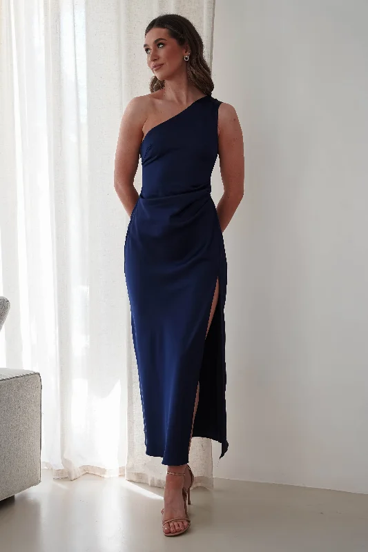 A - line midi dresses with floral prints for spring brunches Meera Soft Matte Satin Midaxi Dress | Navy