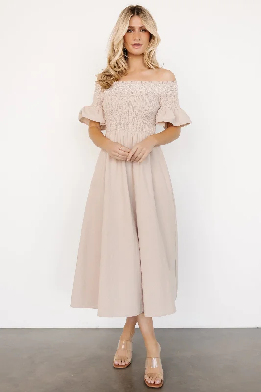 Midi dresses with pleated skirts for a timeless and elegant appeal Jodi Off Shoulder Dress | Natural Midi dresses with pleated skirts for a timeless and elegant appeal Jodi Off Shoulder Dress | Natural