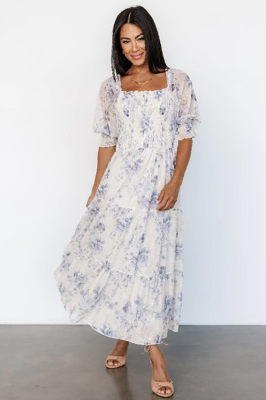 Midi dresses with one - shoulder designs for a modern and asymmetric style Fabian Jacquard Midi Dress | Cream + Blue Floral Midi dresses with one - shoulder designs for a modern and asymmetric style Fabian Jacquard Midi Dress | Cream + Blue Floral