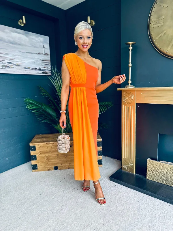 Midi dresses with abstract art prints for an artistic statement Nadine Two Tone Occasion Midi Dress Orange Midi dresses with abstract art prints for an artistic statement Nadine Two Tone Occasion Midi Dress Orange