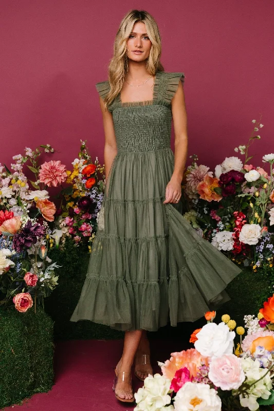 Maxi - inspired midi dresses with flowing fabrics for a beachy vibe Emma Smocked Tulle Dress | Sage Maxi - inspired midi dresses with flowing fabrics for a beachy vibe Emma Smocked Tulle Dress | Sage