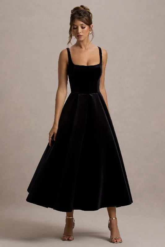 Midi dresses with metallic threads for a glamorous evening event Francisca | Black Velvet Strappy Volume-Hem MIdi Dress
