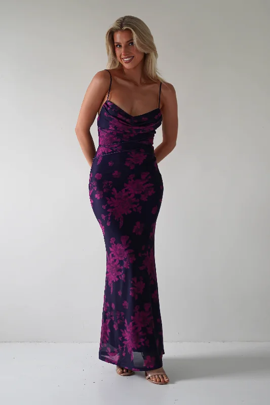 Midi dresses with patchwork patterns for a one - of - a - kind style Audrie Bodycon Printed Maxi Dress | Grape