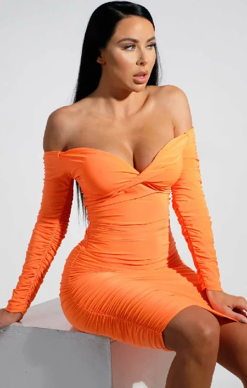 Mini dresses with side slits for a sexy appeal Neon Orange Ruched Bardot Long Sleeve Bodycon Mini Dress - Mindy Mini dresses with side slits for a sexy appeal Neon Orange Ruched Bardot Long Sleeve Bodycon Mini Dress - Mindy