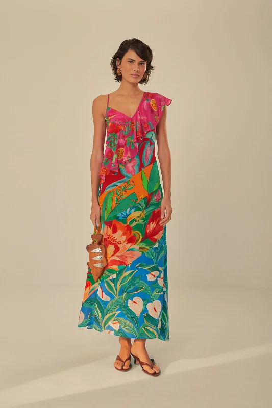 Midi dresses with belted waists to accentuate the figure Mixed Flowery Rufle One Strap Midi Dress Midi dresses with belted waists to accentuate the figure Mixed Flowery Rufle One Strap Midi Dress