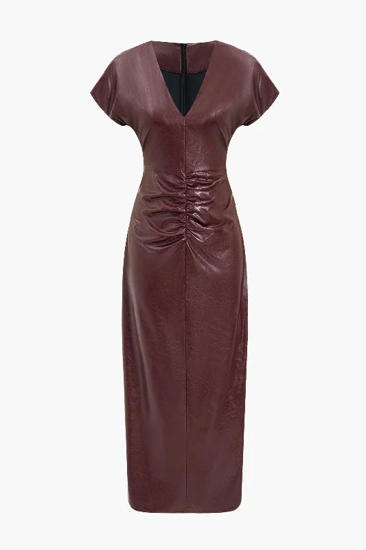 Midi dresses with cold - shoulder cutouts for a trendy style Faux Leather Ruched V-Neck Midi Dress Midi dresses with cold - shoulder cutouts for a trendy style Faux Leather Ruched V-Neck Midi Dress