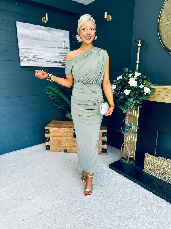 Midi dresses with fringe details for a fun and energetic style Margot Off The Shoulder Draped Top Midi Dress Sage
