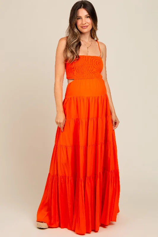 Midi dresses with pom - pom trims for a playful and festive look Orange Smocked Cutout Maternity Maxi Dress Midi dresses with pom - pom trims for a playful and festive look Orange Smocked Cutout Maternity Maxi Dress