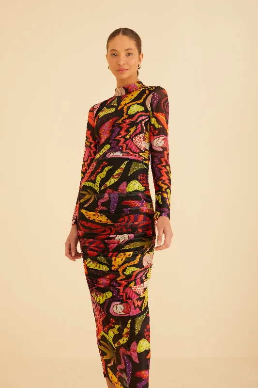 Midi dresses with gathered skirts for a full and flowing silhouette Black Psychedelic Garden Tulle Midi Dress