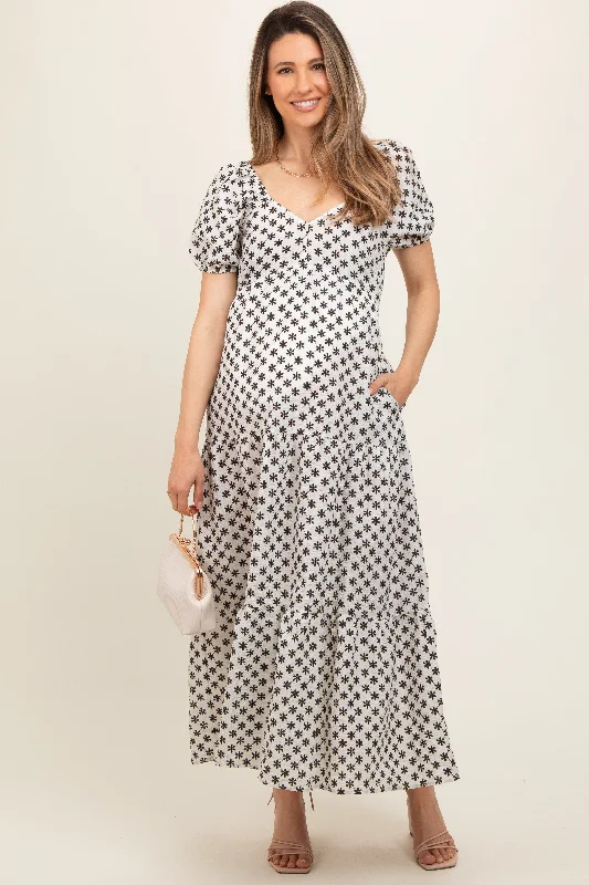 Plaid midi dresses for a fall - themed family gathering Black Floral Tiered Puff Sleeve Maternity Maxi Dress Plaid midi dresses for a fall - themed family gathering Black Floral Tiered Puff Sleeve Maternity Maxi Dress
