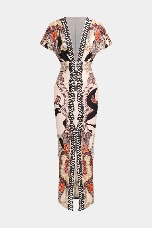 Midi dresses with one - shoulder designs for a modern and asymmetric style Geometric Leaves Print Ruched Short Sleeve Slit Midi Dress Midi dresses with one - shoulder designs for a modern and asymmetric style Geometric Leaves Print Ruched Short Sleeve Slit Midi Dress