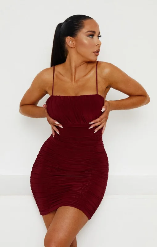 Denim mini dresses with distressed details Wine Slinky Ruched Strappy Bodycon Mini Dress - Nia Denim mini dresses with distressed details Wine Slinky Ruched Strappy Bodycon Mini Dress - Nia