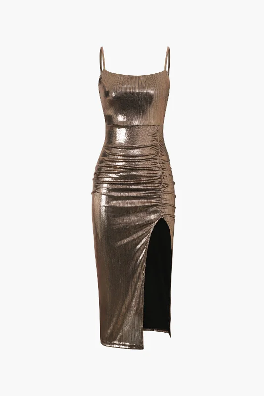 Midi dresses with pleated bodices for a classic and tailored look Metallic Ruched Slit Midi Dress Midi dresses with pleated bodices for a classic and tailored look Metallic Ruched Slit Midi Dress