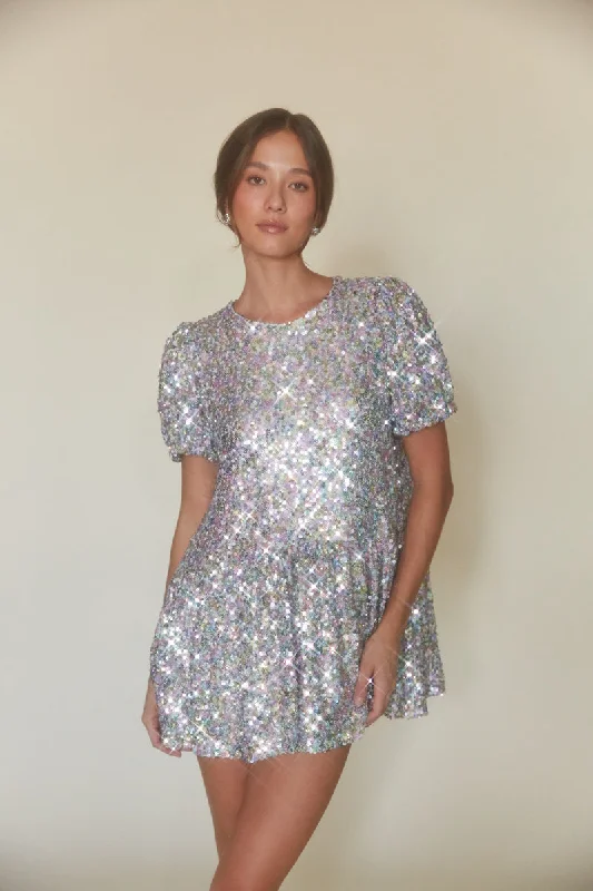 Polyester mini dresses for easy care Elika Puff Sleeve Sequin Babydoll Mini Dress