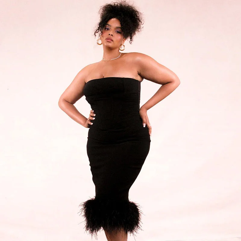 Midi dresses with belted waists to accentuate the figure Marion Off-shoulder Strapless Feather Tassel Midi Dress Midi dresses with belted waists to accentuate the figure Marion Off-shoulder Strapless Feather Tassel Midi Dress