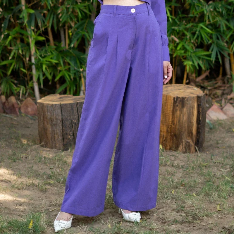 Palazzo Style Women's Printed Trousers in Bohemian PatternsPurple Cotton Poplin High-Rise Elasticated Pleated Wide Legged Pant Palazzo Style Women's Printed Trousers in Bohemian PatternsPurple Cotton Poplin High-Rise Elasticated Pleated Wide Legged Pant