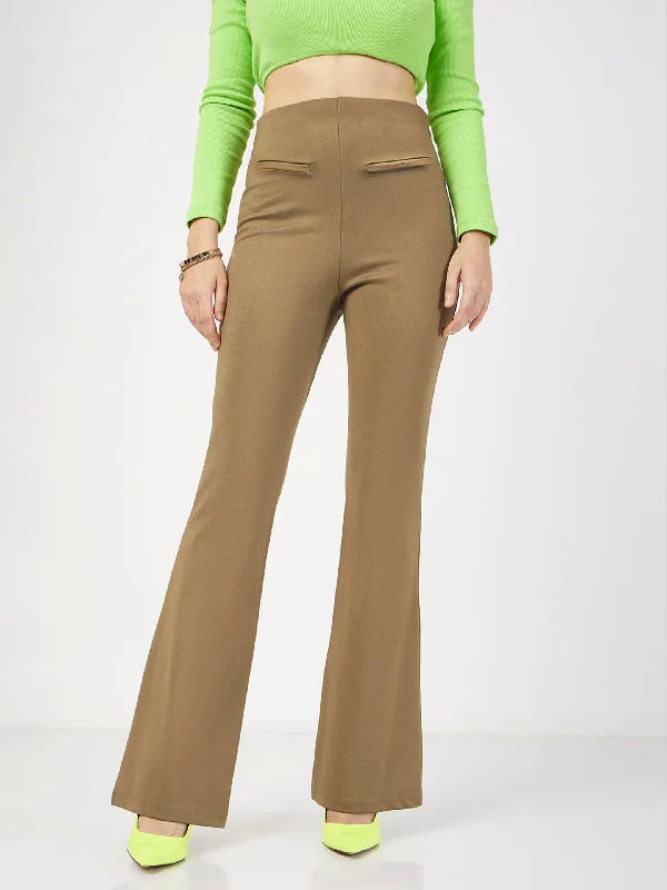 Tapered Leg Women's Wool Blend Trousers for WinterWomen Beige Bone Pocket Bell Bottom Pants