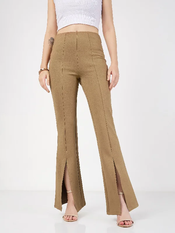 Bootcut Style Women's Stretch Denim Jeans in Dark WashWomen Beige Roma Front Slit Bell Bottom Pants