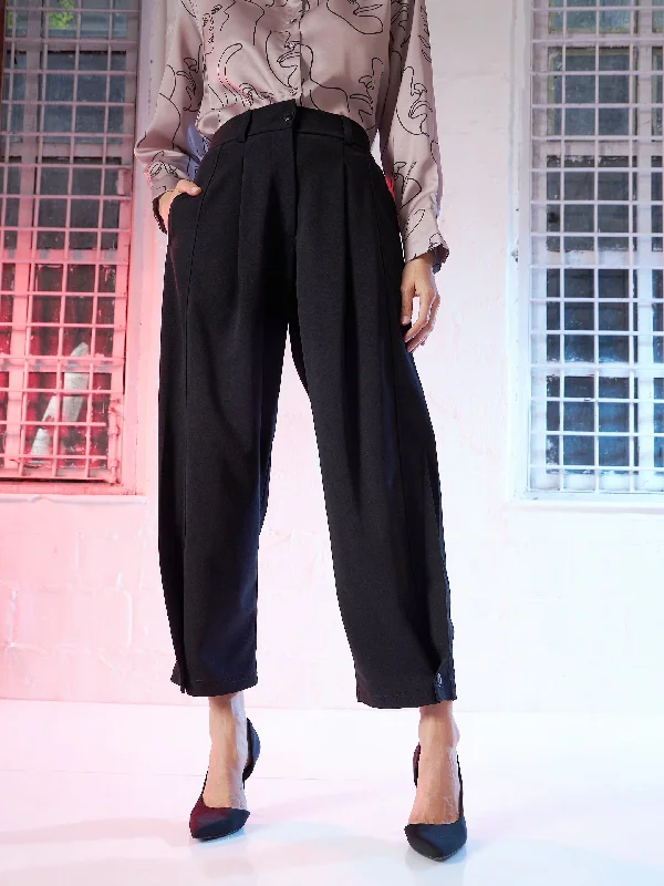 Straight - Leg Women's Vegan Leather Pants for a Chic LookWomen Black Button Hem Darted Balloon Pants Straight - Leg Women's Vegan Leather Pants for a Chic LookWomen Black Button Hem Darted Balloon Pants