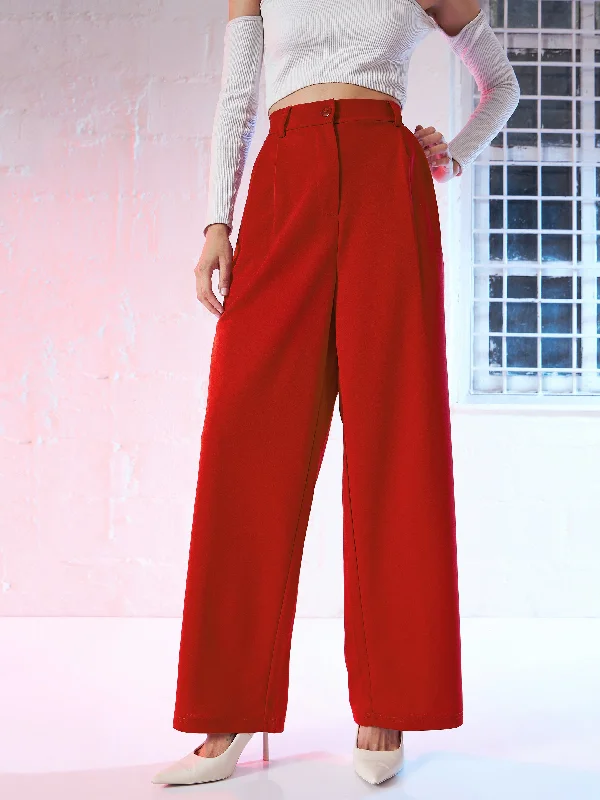 Plus Size Women's High - Waisted Bootcut Jeans in Distressed StyleWomen Red Korean Pleated Loose Fit Pants Plus Size Women's High - Waisted Bootcut Jeans in Distressed StyleWomen Red Korean Pleated Loose Fit Pants