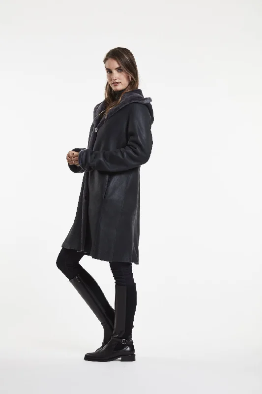 Women's cropped leather coats with silver studs for an edgy look#6169 Hooded Reversible Shearling Coat Women's cropped leather coats with silver studs for an edgy look#6169 Hooded Reversible Shearling Coat