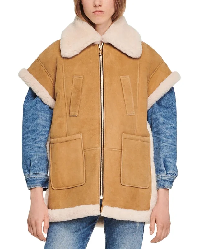 Women's reversible down coats with two - tone designs for versatile stylingSandro Wood Suede & Shearling Coat Women's reversible down coats with two - tone designs for versatile stylingSandro Wood Suede & Shearling Coat