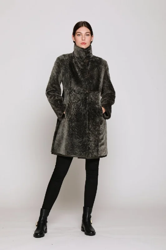 Women's knee - length wool blend coats with a fur collar for added warmth#1205 Fitted Reversible Coat with Stand Collar and Tailored Front Women's knee - length wool blend coats with a fur collar for added warmth#1205 Fitted Reversible Coat with Stand Collar and Tailored Front