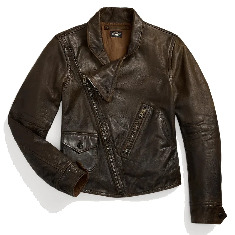 Long women's mac coats in a lightweight fabric for spring showersRRL by Ralph Lauren Womens Leather Moto Jacket Dark Sepia Long women's mac coats in a lightweight fabric for spring showersRRL by Ralph Lauren Womens Leather Moto Jacket Dark Sepia