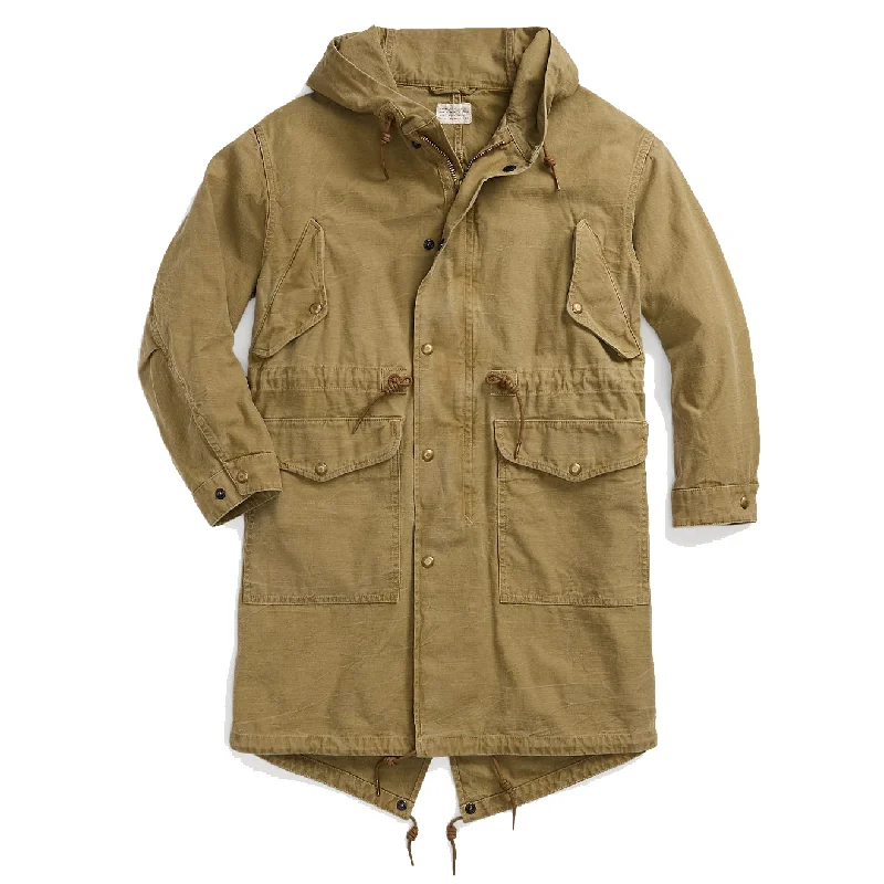Mid - length women's down coats in a slim fit for a modern and sleek appearanceRRL by Ralph Lauren Womens Slub Sateen Parka Dark Khaki