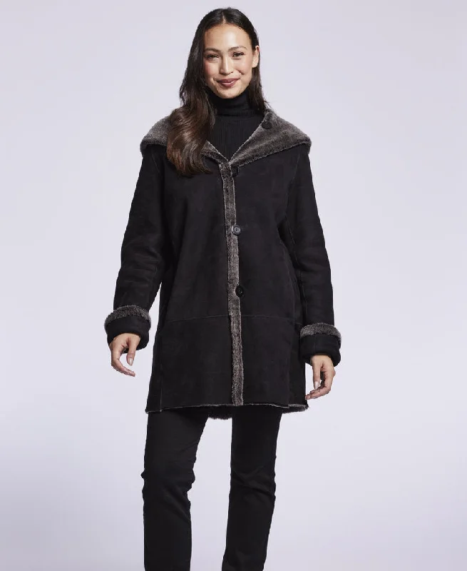 Checkered women's wool coats in a classic pattern for a timeless style007 Reversible hooded shearling topper Checkered women's wool coats in a classic pattern for a timeless style007 Reversible hooded shearling topper