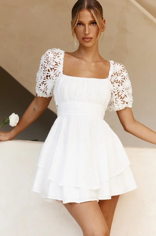 Mermaid - Style Women Dress with a Fitted Silhouette for Special OccasionsAbby Lace Puff Sleeve Tie-Up Back Dress White Mermaid - Style Women Dress with a Fitted Silhouette for Special OccasionsAbby Lace Puff Sleeve Tie-Up Back Dress White