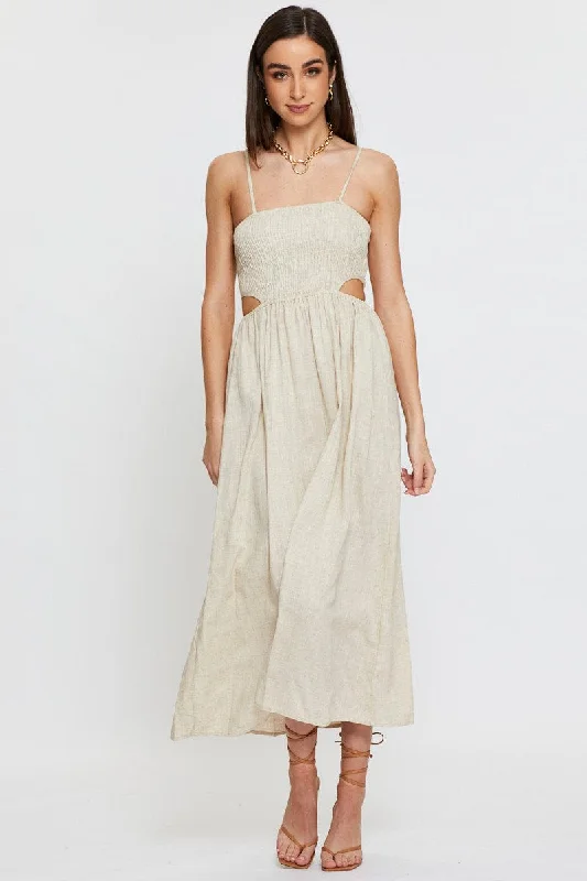 Maxi Women Dress with Floral Print for a Bohemian VibeBeige Midi Dress Sleeveless
