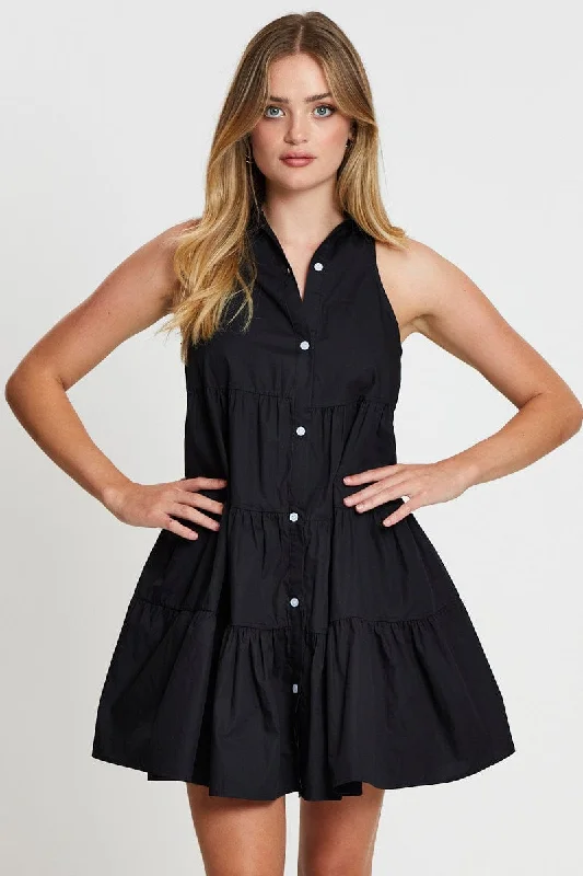 Ruffled Women Dress with Multiple Layers for a Playful and Girly StyleBlack Shirt Dress Sleeveless V Neck
