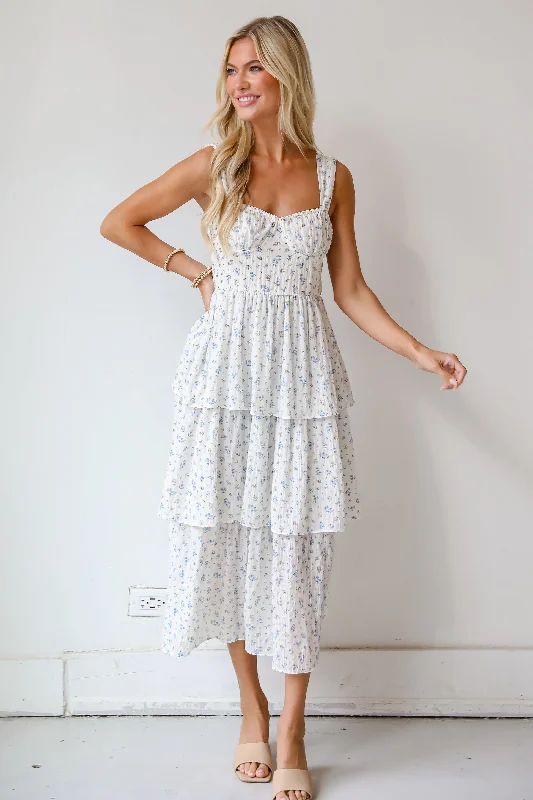 Empire Waist Women Dress to Accentuate the Bust and Conceal the WaistCaught Your Interest Ivory Floral Tiered Midi Dress Empire Waist Women Dress to Accentuate the Bust and Conceal the WaistCaught Your Interest Ivory Floral Tiered Midi Dress