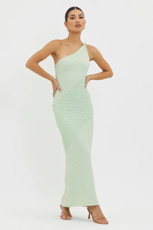 Pleated Women Dress with a Timeless and Elegant TextureClean Slate One-Shoulder Smocked Midi Dress Sage