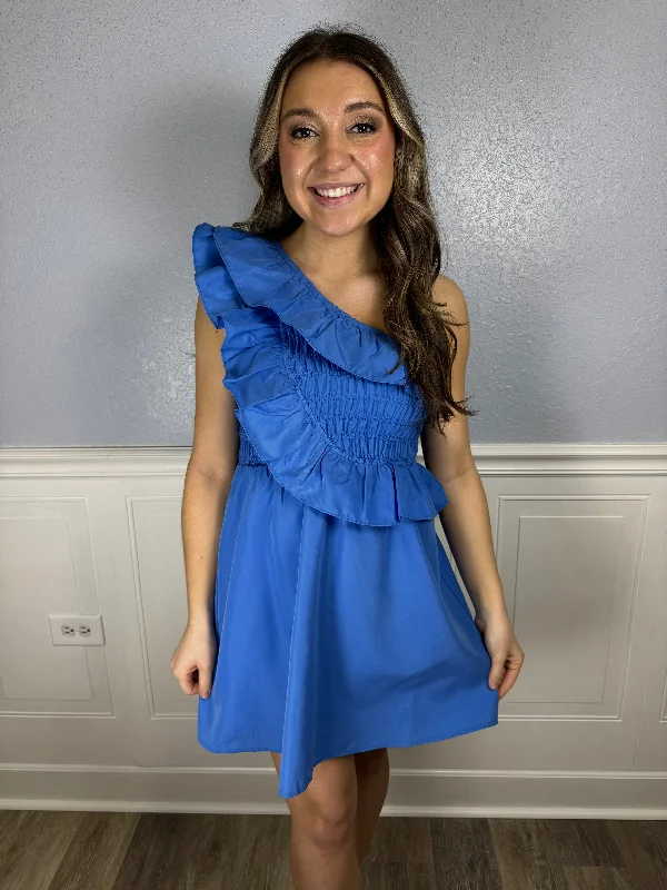 Sheath Women Dress with a Tailored Fit for a Professional LookBlue smocked one shoulder dress Sheath Women Dress with a Tailored Fit for a Professional LookBlue smocked one shoulder dress
