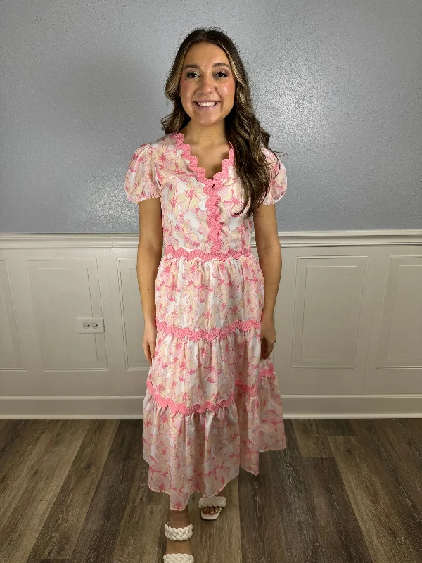 Lace - Embellished Women Dress for an Elegant and Sophisticated AppearancePink floral midi dress w/ rick rack trim Lace - Embellished Women Dress for an Elegant and Sophisticated AppearancePink floral midi dress w/ rick rack trim