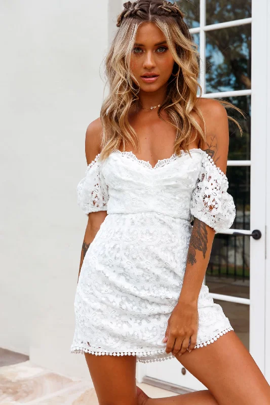 Lace - Embellished Women Dress for an Elegant and Sophisticated AppearanceCosta Mesa Puff Sleeve Lace Overlay Dress White Lace - Embellished Women Dress for an Elegant and Sophisticated AppearanceCosta Mesa Puff Sleeve Lace Overlay Dress White