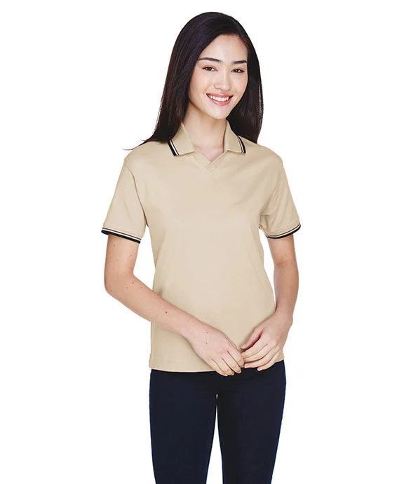 Women's crew - neck sweatshirt in a heather gray shade for a classic and versatile optionD140W - Devon & Jones Ladies Tipped Perfect Pima Interlock Polo | Stone/Navy