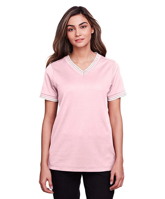 Women's cropped sweatshirt with a slogan graphic for a fun and expressive lookDG20CW - Devon & Jones CrownLux Performance® Ladies Plaited Tipped V-Neck Top | Pink/White Women's cropped sweatshirt with a slogan graphic for a fun and expressive lookDG20CW - Devon & Jones CrownLux Performance® Ladies Plaited Tipped V-Neck Top | Pink/White